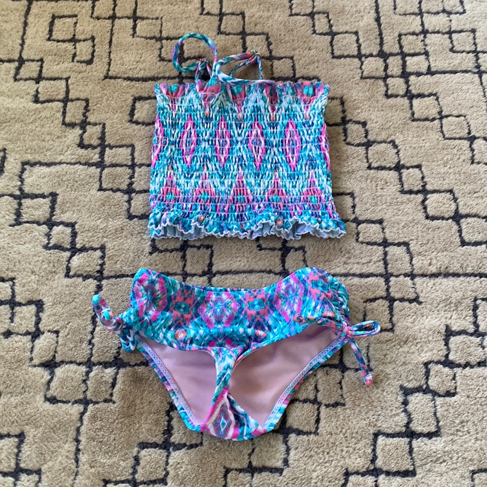 Raisins Girls Aqua Pink Purple Smocked Tankini Bikini Set